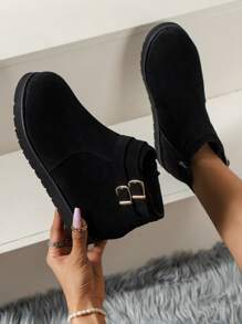 Faux Suede Buckle Decor Zipper Side Boots - Black - View 1