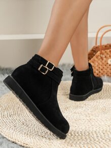 Faux Suede Buckle Decor Zipper Side Boots - Black - View 2
