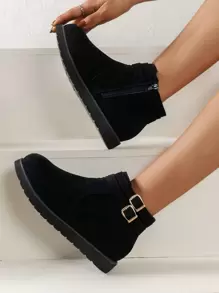 Faux Suede Buckle Decor Zipper Side Boots - Black - View 4