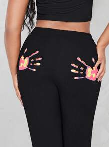 SHEIN ICON Split Hem Hand Print Flare Leg Pants - Black - View 1