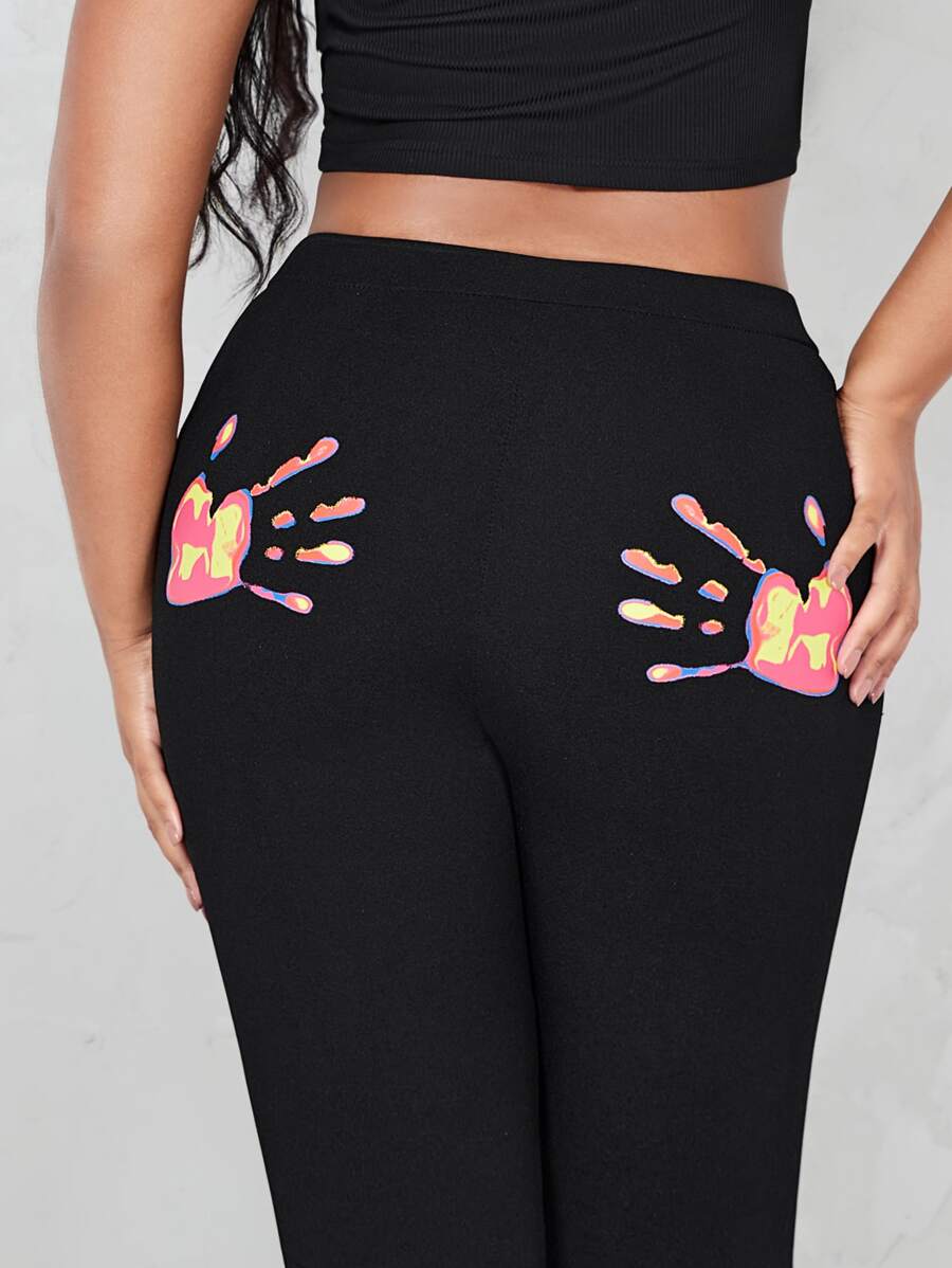 SHEIN ICON Split Hem Hand Print Flare Leg Pants - Black - View 1