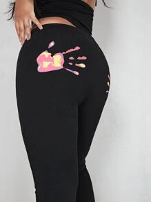 SHEIN ICON Split Hem Hand Print Flare Leg Pants - Black - View 3