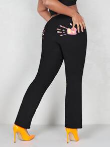 SHEIN ICON Split Hem Hand Print Flare Leg Pants - Black - View 6