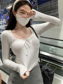 Solid Tie Front Crop Ribbed Jumper