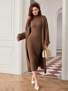 Modelyn Mock Neck Sleeveless Jumper Dress & Cardigan - Coffee Brown - View 5