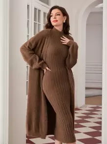 Modelyn Mock Neck Sleeveless Jumper Dress & Cardigan - Coffee Brown - View 1