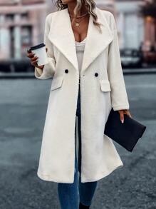 SHEIN LUNE Waterfall Collar Double Button Teddy Coat - Beige - View 1