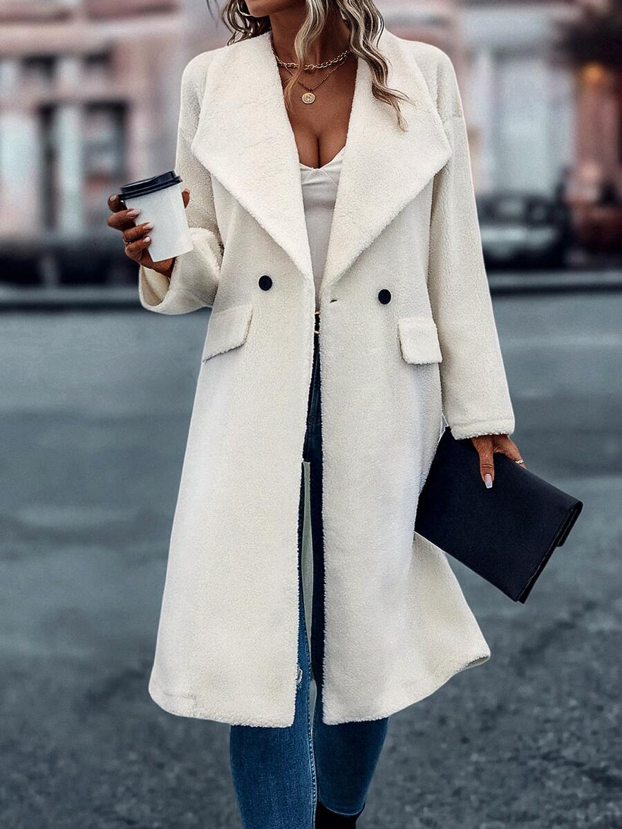 SHEIN LUNE Waterfall Collar Double Button Teddy Coat - Beige - View 1