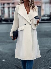 SHEIN LUNE Waterfall Collar Double Button Teddy Coat - Beige - View 4