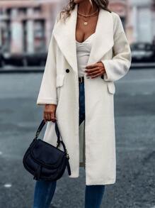 SHEIN LUNE Waterfall Collar Double Button Teddy Coat - Beige - View 5