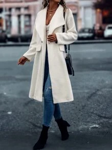 SHEIN LUNE Waterfall Collar Double Button Teddy Coat - Beige - View 6