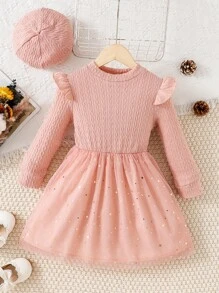 SHEIN Niñas Vestido en contraste con estrella de malla ribete con fruncido - Rosa - Ver 1