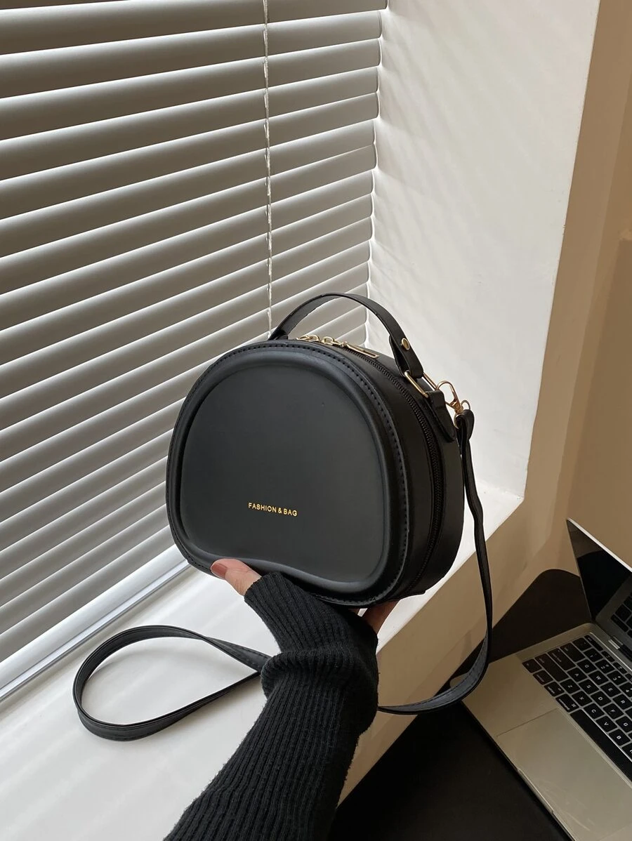 迷你字母圖案頂部單條提帶圓形包 - 黑色 - 查看 1