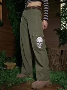 ROMWE Fairycore Skull Print Cargo Pants - Army Green - View 1