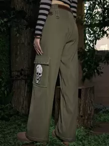 ROMWE Fairycore Skull Print Cargo Pants - Army Green - View 2