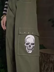 ROMWE Fairycore Skull Print Cargo Pants - Army Green - View 4