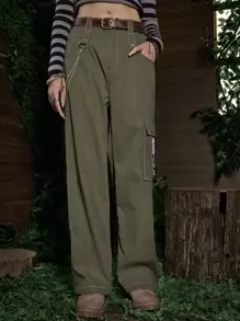 ROMWE Fairycore Skull Print Cargo Pants - Army Green - View 6