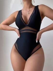 SHEIN Swim Summer Beach Mesh Panel One Piece Swimsuit - Black - View 1