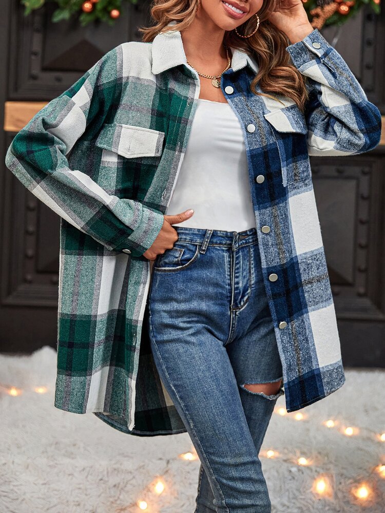 Colourblock Plaid Print Borg Collar Flap Pocket Overshirt - Dark Green - View 3