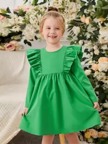 SHEIN Toddler Girls Ruffle Trim Smock Dress - Green - View 1