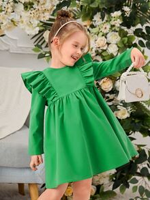 SHEIN Toddler Girls Ruffle Trim Smock Dress - Green - View 3