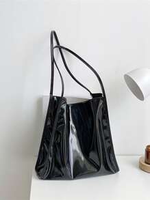 Minimalist Artificial Patent Leather Shoulder Bag - Black - View 1