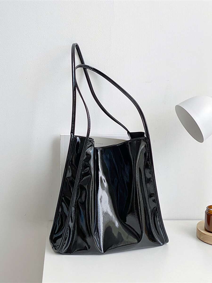 Minimalist Artificial Patent Leather Shoulder Bag - Black - View 1