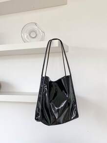 Minimalist Artificial Patent Leather Shoulder Bag - Black - View 4