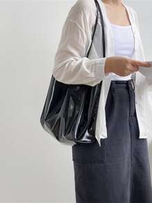 Minimalist Artificial Patent Leather Shoulder Bag - Black - View 7