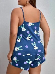 Plus Cartoon Rabbit & Polka Dot Cami & Shorts PJ Set & Eye Mask - Blue - View 2