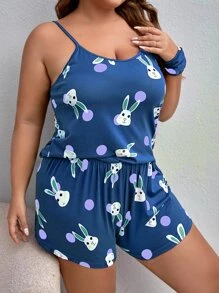 Plus Cartoon Rabbit & Polka Dot Cami & Shorts PJ Set & Eye Mask - Blue - View 3