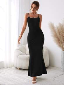 SHEIN BAE Vestido de tirantes unicolor bajo sirena - Negro - Ver 4