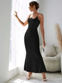 SHEIN BAE Vestido de tirantes unicolor bajo sirena - Negro - Ver 5