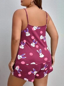 Plus Cartoon Rabbit & Polka Dot Cami & Shorts PJ Set / Pajama Set & Eye Mask - Red Violet - View 2