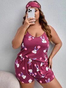Plus Cartoon Rabbit & Polka Dot Cami & Shorts PJ Set / Pajama Set & Eye Mask - Red Violet - View 4