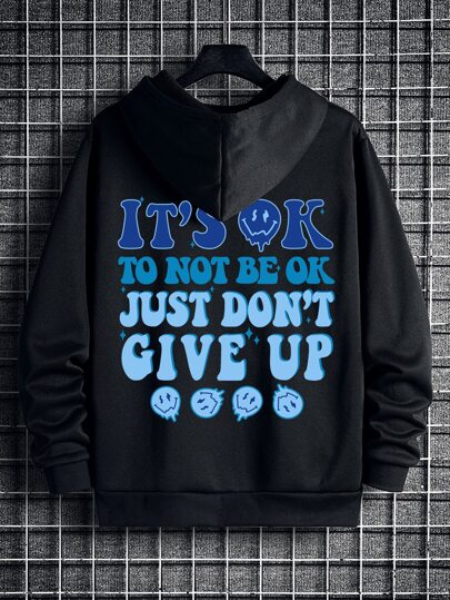 Guys Slogan & Cartoon Graphic Kangaroo Pocket Drawstring Thermal Lined Hoodie