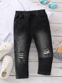 男嬰破洞抽鬚錐形牛仔褲 - 黑色 - 查看 1