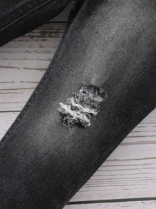 男嬰破洞抽鬚錐形牛仔褲 - 黑色 - 查看 4