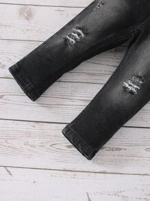 男嬰破洞抽鬚錐形牛仔褲 - 黑色 - 查看 7