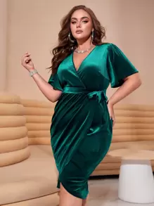 SHEIN Clasi Plus Butterfly Sleeve Knot Side Wrap Dress - Dark Green - View 1