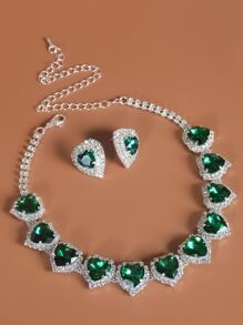 水鑽愛心裝飾項鍊和耳釘 - 綠色 - 查看 4