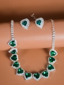 水鑽愛心裝飾項鍊和耳釘 - 綠色 - 查看 6