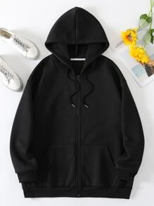 SHEIN EZwear Plus Size Butterfly Print Drawstring Thermal Lined Sweatshirt - Black - View 2