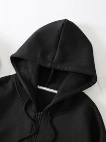 SHEIN EZwear Plus Size Butterfly Print Drawstring Thermal Lined Sweatshirt - Black - View 8