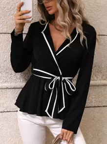 Chiquease 撞色滾邊腰帶襯衫 - 黑與白 - 查看 1