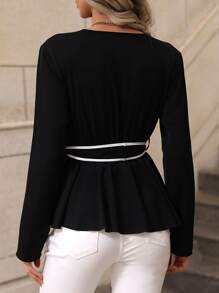 Chiquease 撞色滾邊腰帶襯衫 - 黑與白 - 查看 2