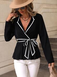 Chiquease 撞色滾邊腰帶襯衫 - 黑與白 - 查看 4