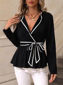 Chiquease 撞色滾邊腰帶襯衫 - 黑與白 - 查看 5