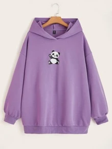 SHEIN EZwear Plus Size Panda Print Drop Shoulder Sweatshirt - Violet Purple - View 1
