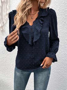 SHEIN Clasi Swiss Dot Guipure Lace Panel Ruffle Trim Flounce Sleeve Blouse - Navy Blue - View 5